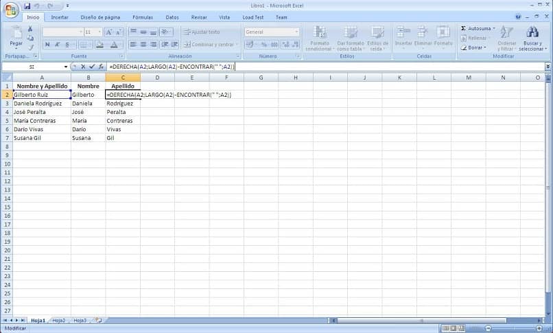 Documento de Excel con las fórmulas para separar los nombres y apellidos