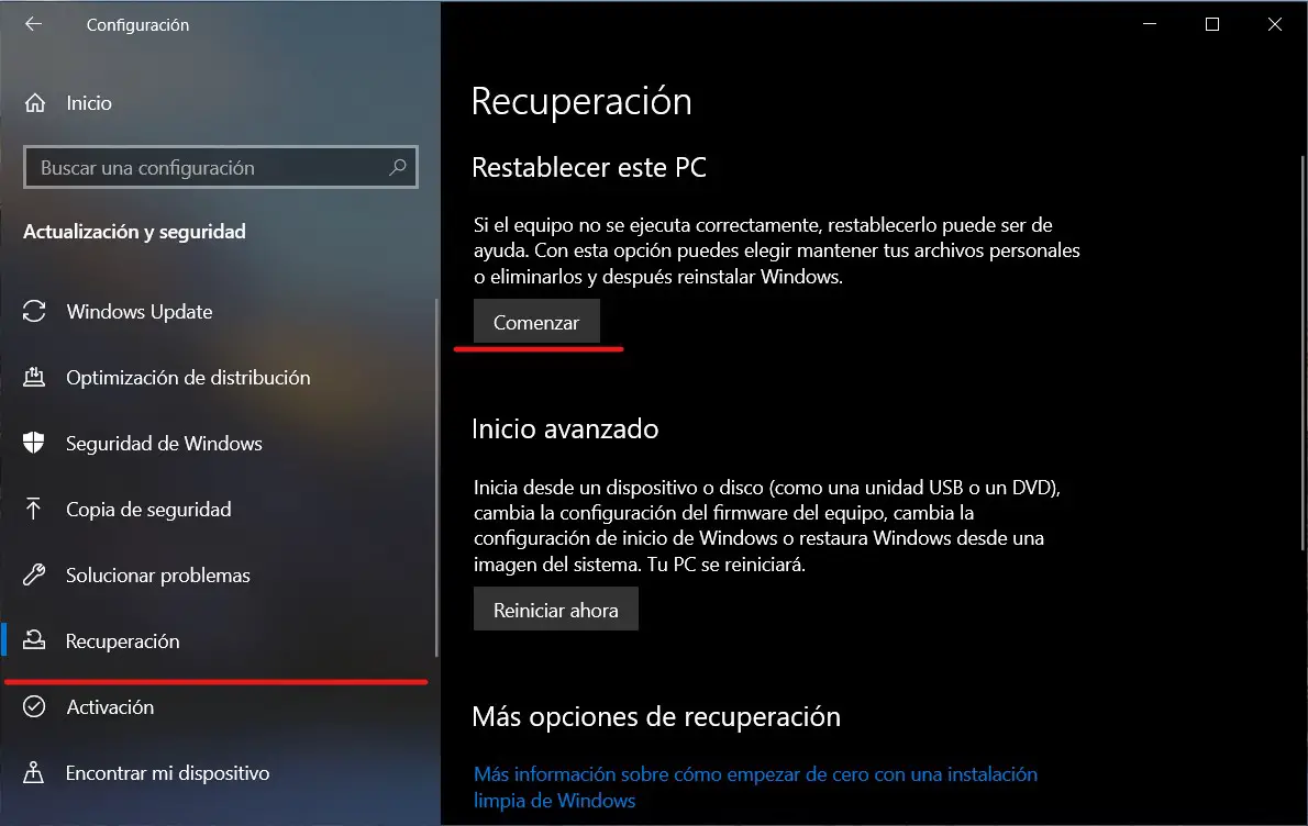 Inicie el proceso de recuperación de Windows 10