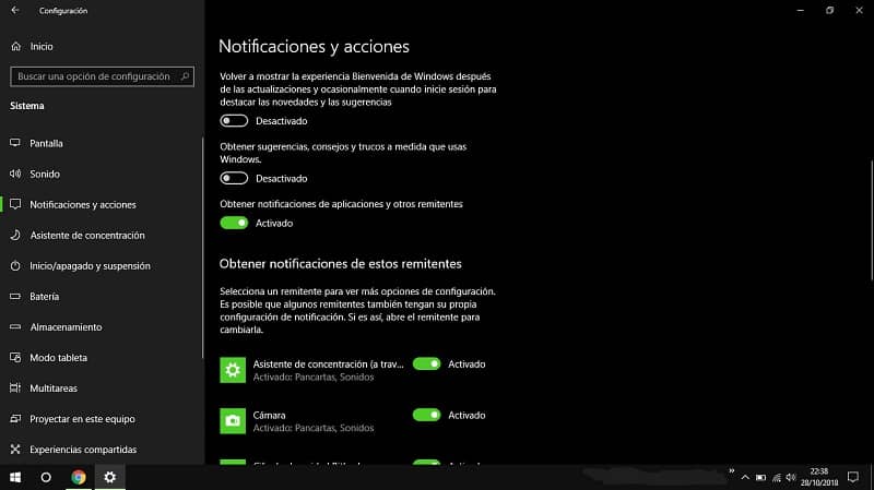 deshabilitar las notificaciones de alerta de Windows 10