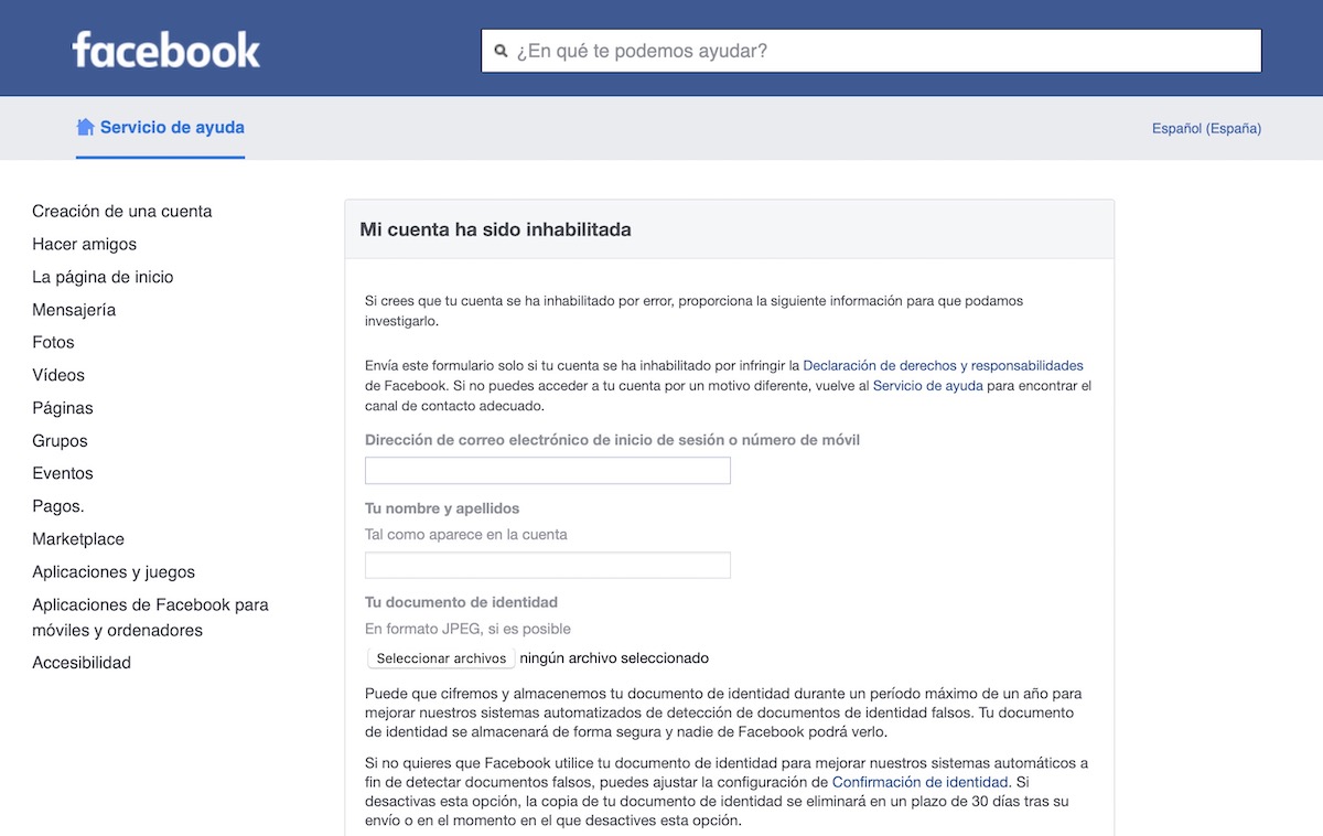 recuperación de una cuenta de facebook desactivada