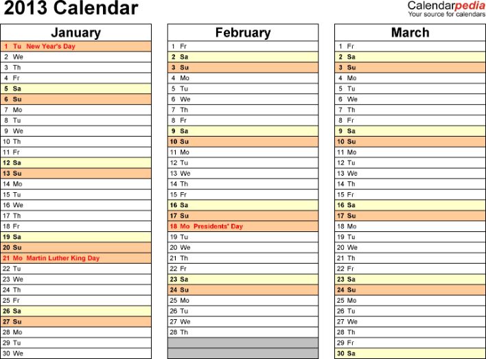 Plantillas de calendario trimestrales para la oficina 3