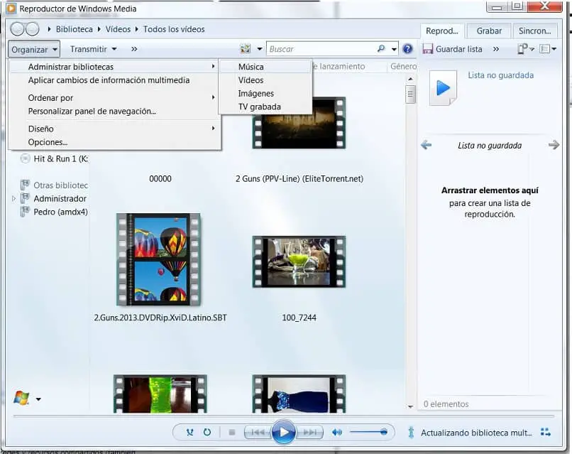 Reproductor de Windows Media en la opción Administrar biblioteca