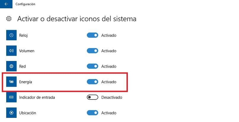 activar el icono de la batería en la configuración de Windows 10
