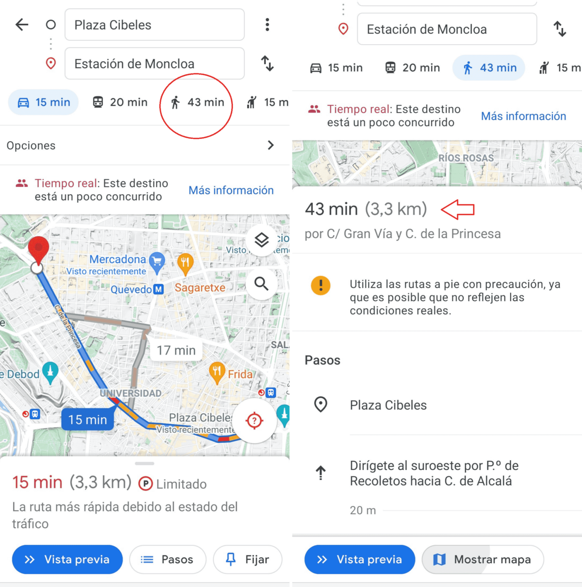 Cómo calcular una ruta a pie en Google Maps