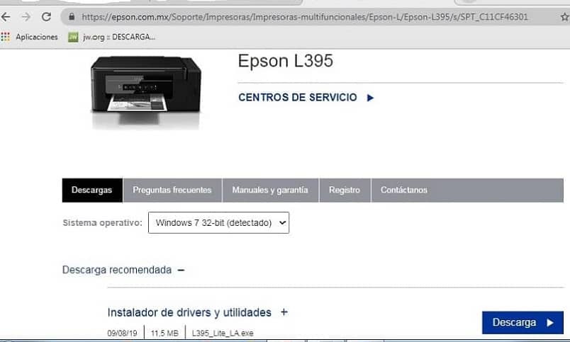 Ventana del sitio web oficial de Epson para descargar el controlador de la impresora