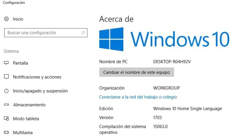 Acerca de y la configuración de Windows 10