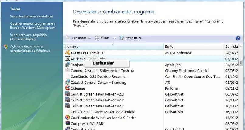 opción para desinstalar programas de Windows