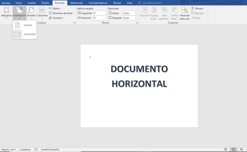 colocar hoja de documento horizontal